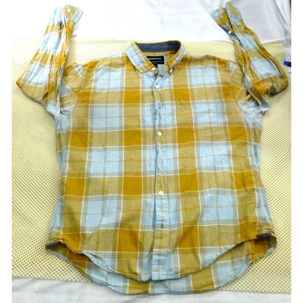 Bonobos Slim Fit Mens Plaid Button-Up Shirt L Yellow & Light Blue Cotton/Hemp